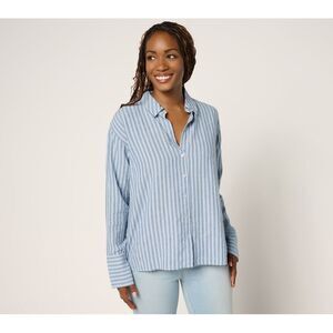 Peace Love World Women's Top Plus Sz 1X Boheme Linen Blend French Blue A691698